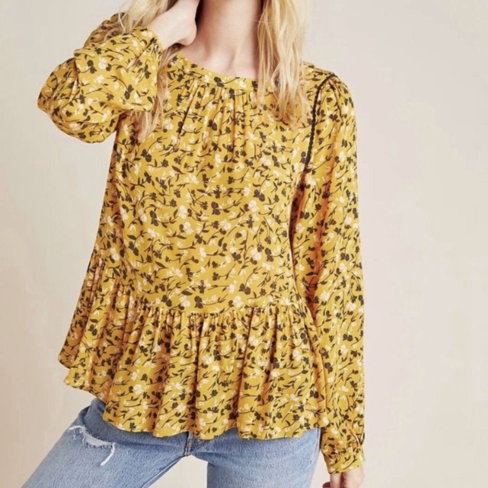 Maeve	Women's Anthropologie Yellow Ditsy Floral Peplum Blouse